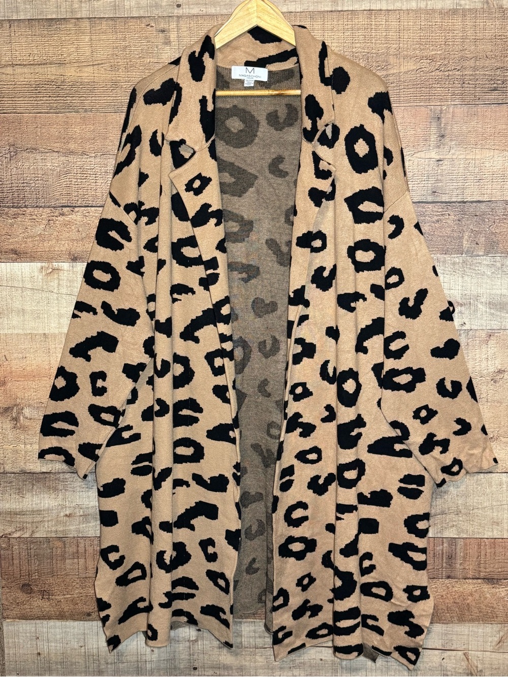 Magaschoni Camel & Black 3XL Leopard Print Long Open Front Cardigan Knit Layer